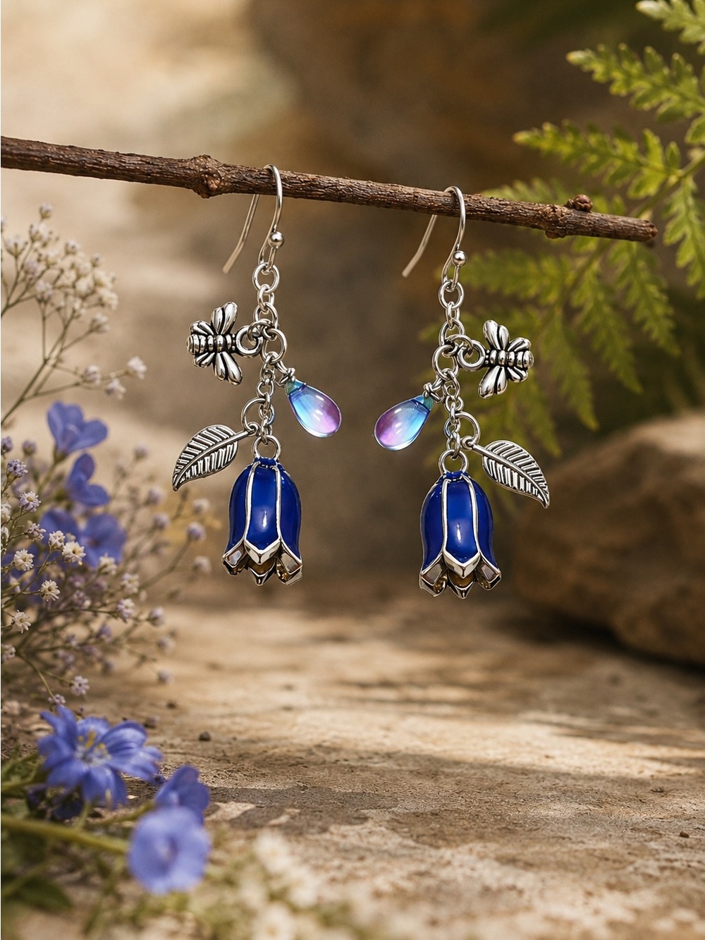 Blue Enamel Flower Earrings, Bee & Leaf Charms, Iridescent Glass Dangle, Artisan